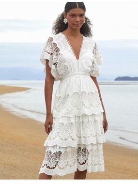 FARM Rio Off-White Tiered Richelieu Lace Midi Dress